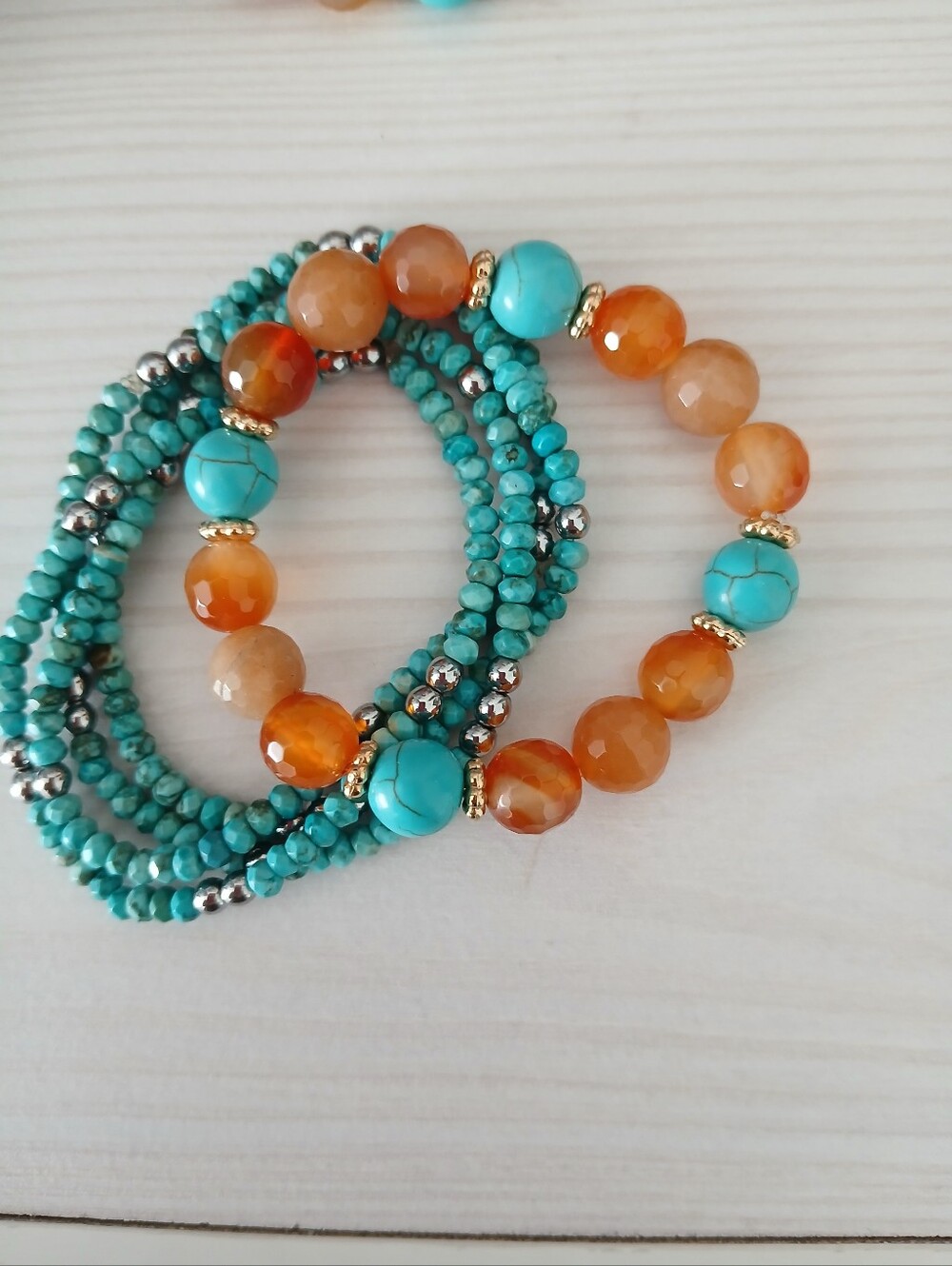 Turquoise & Orange Cornelian Stone Beaded Stretch Bracelet Set 5